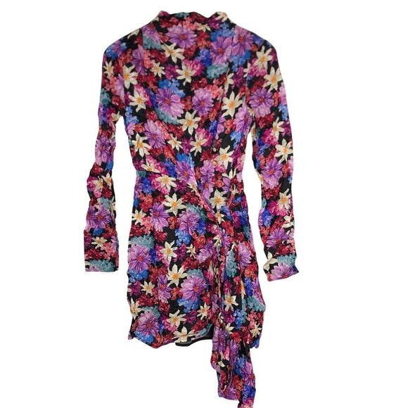 PINKO Dress Floral Silk Blend Long Sleeve Faux Wrap Sheath Mini Pink Multi Small - Picture 5 of 10